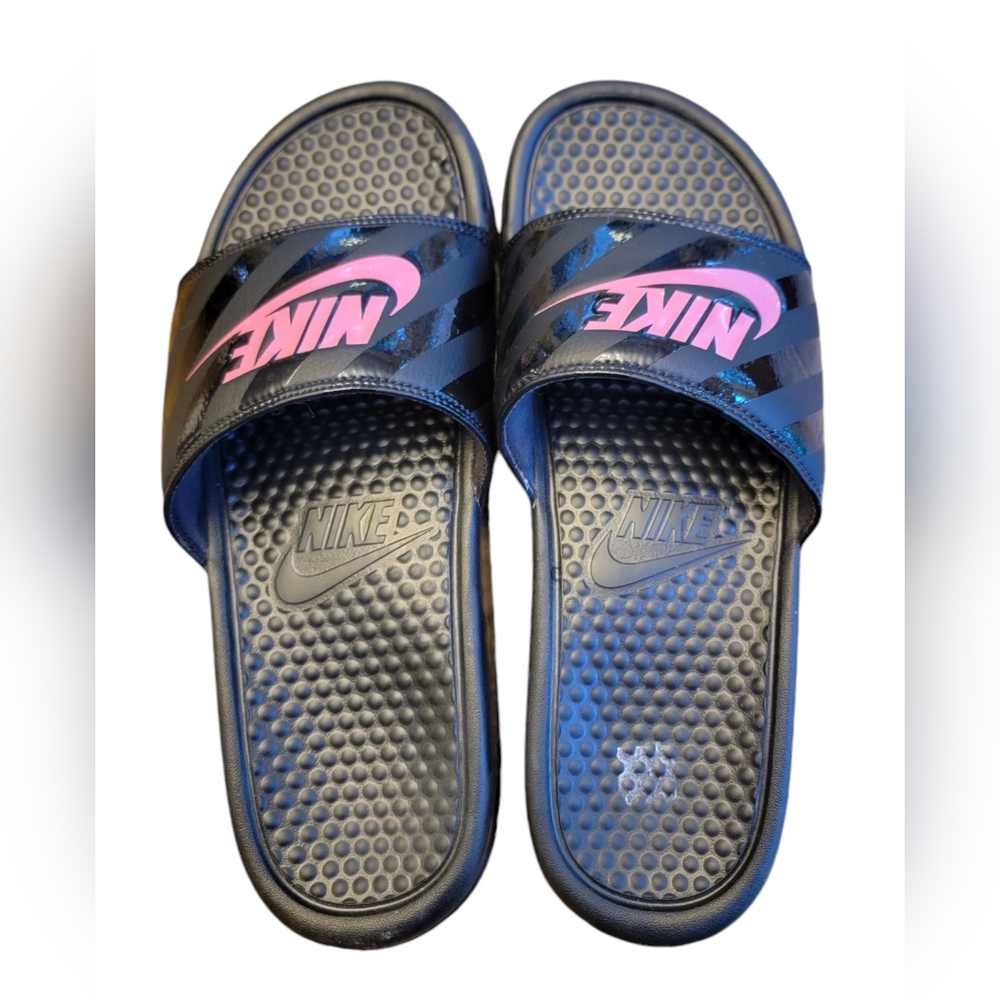 Women's Nike Benassi JDI 343881 061 Black Vivid Pink Swoosh Slides
